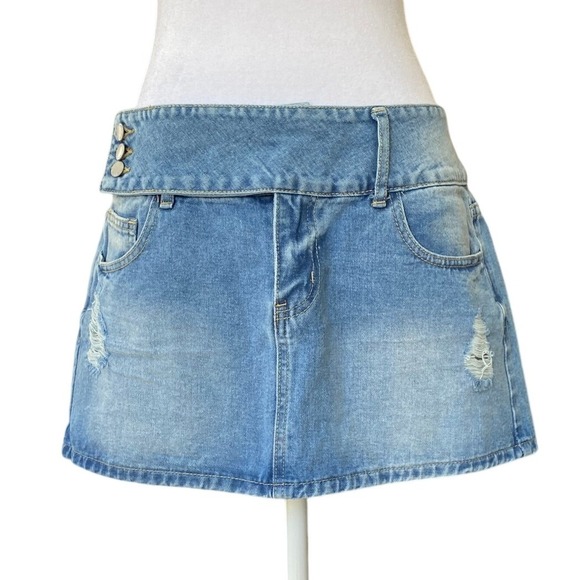 SHEIN Dresses & Skirts - Light Wash‎ Micro Low Rise Denim Blue Mini Jean Skirt Large Y2K McBling Grunge
